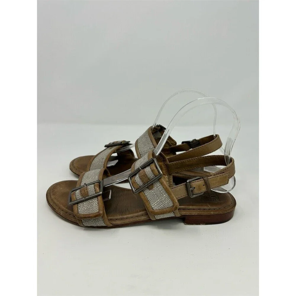 Frye Phillip Buckle Slingback Sandals Womens Beige Taupe Flat Double Size 7.5